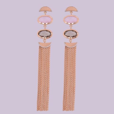 Σκουλαρίκια Κ14 με αλυσίδες και πέτρες σε ροζ και μελί ζιργκόν