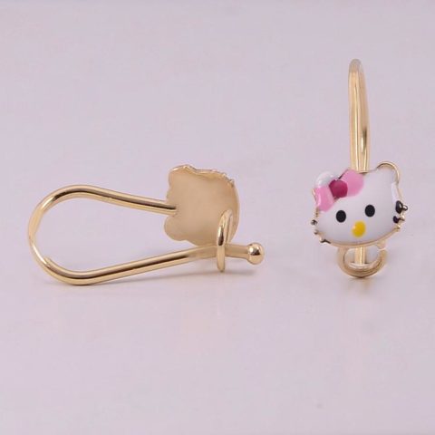 Σκουλαρίκι χρυσό με λίκι Hello Kitty σε κίτρινο χρυσό και άσπρο σμάλτο